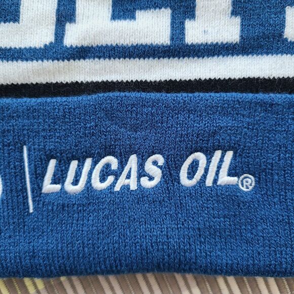 Indianapolis Colts NFL Lucas Oil Beanie Knit Cap With Pom Horseshoe Blue & White - Picture 6 of 8